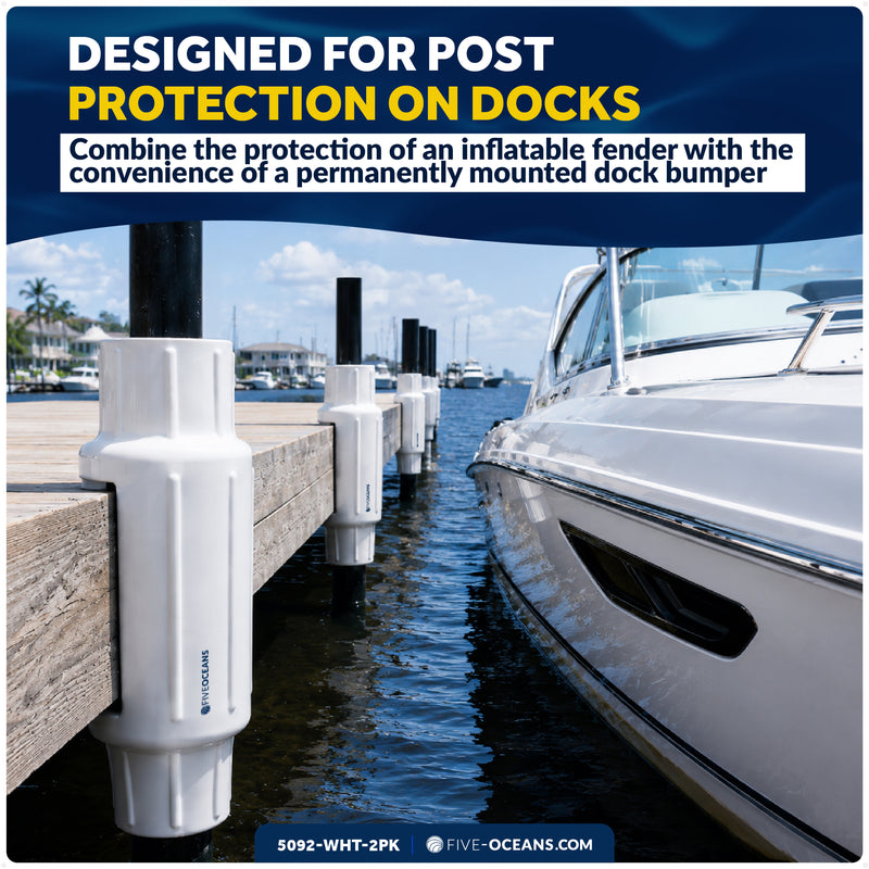 5.7" x 18" Inflatable Dock Post Bumpers, Fits 2" O.D. Pipes, Marine-Grade PVC - White, 2-Pack