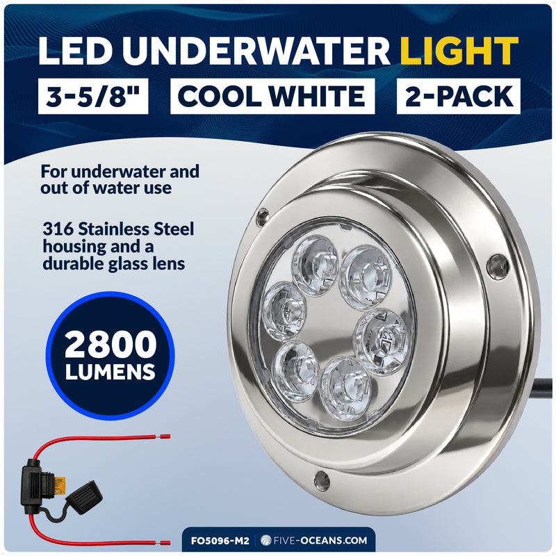 3-5/8" LED Underwater Light, Cool White, AISI316 Stainless Steel Bezel - 2800LM, 12-30V