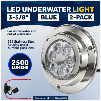 3-5/8" LED Underwater Light, Blue, AISI316 Stainless Steel Bezel - 2500LM, 12-30V