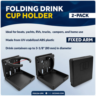 Foldable Boat Cup Holder, Fixed Arm, Black ABS, 2-Pack