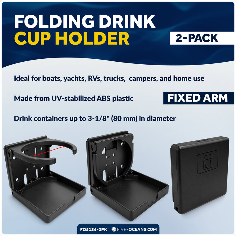 Foldable Boat Cup Holder, Fixed Arm, Black ABS, 2-Pack