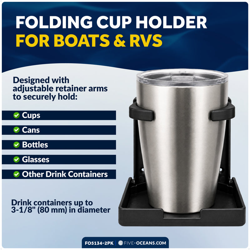 Foldable Boat Cup Holder, Fixed Arm, Black ABS, 2-Pack