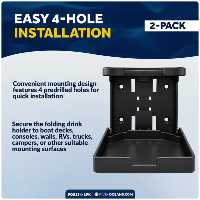 Foldable Boat Cup Holder, Fixed Arm, Black ABS, 2-Pack