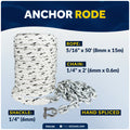 Anchor Rode - 5/16" x 50' Rope & 1/4" x 2' Galvanized Chain - Hand-Spliced - Five Oceans