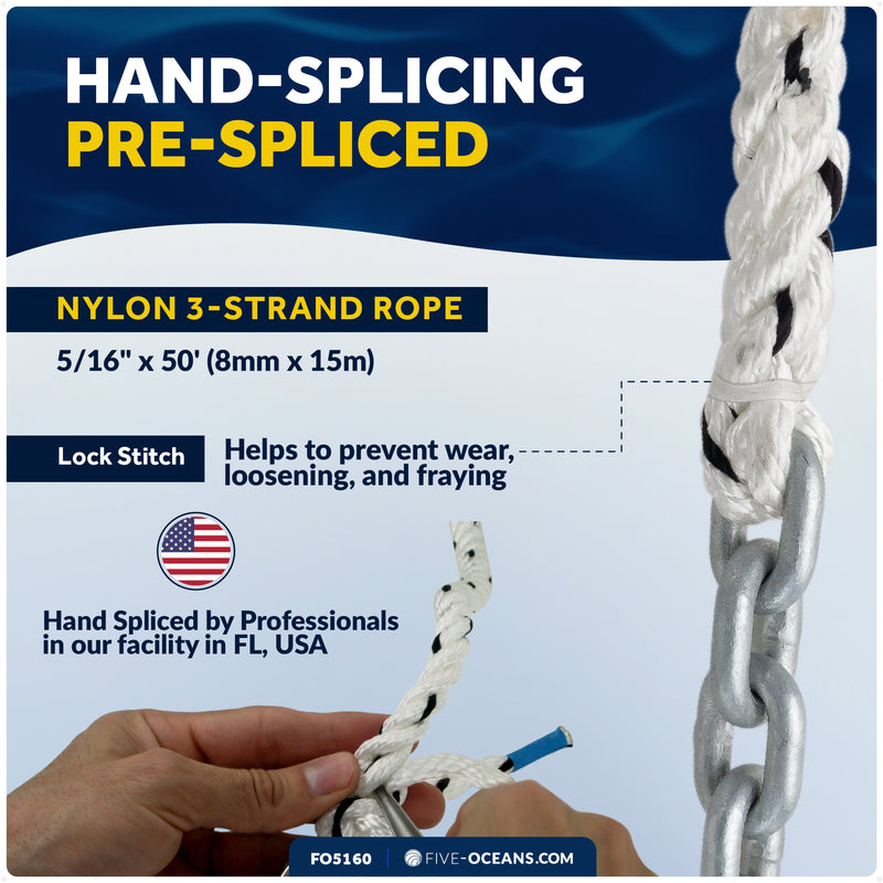 Anchor Rode - 5/16" x 50' Rope & 1/4" x 2' Galvanized Chain - Hand-Spliced - Five Oceans
