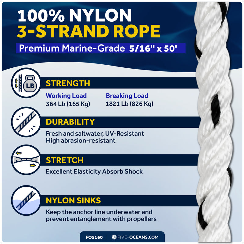 Anchor Rode - 5/16" x 50' Rope & 1/4" x 2' Galvanized Chain - Hand-Spliced - Five Oceans