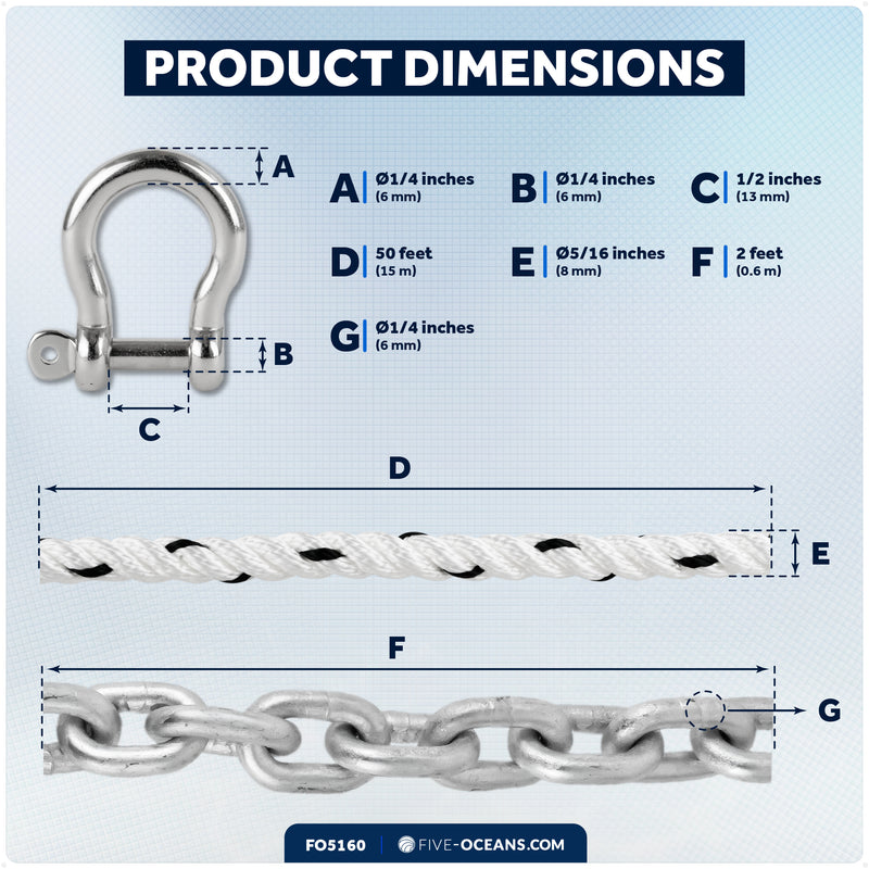 Anchor Rode - 5/16" x 50' Rope & 1/4" x 2' Galvanized Chain - Hand-Spliced - Five Oceans