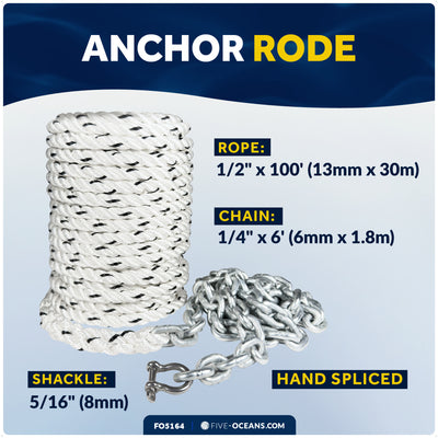 Anchor Rode - 1/2" x 100' Rope & 1/4" x 6' Galvanized Chain - Hand-Spliced - Five Oceans