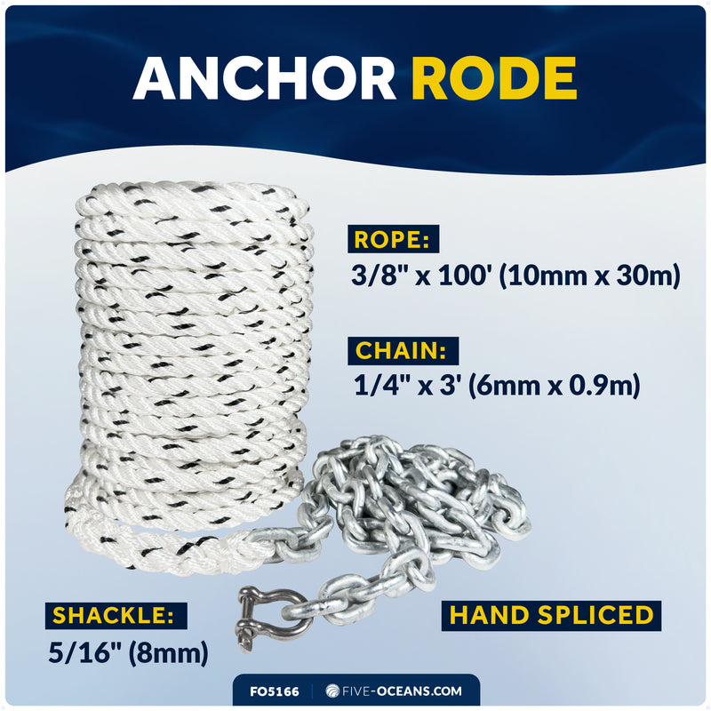 Anchor Rode - 3/8" x 100' Rope & 1/4" x 3' Galvanized Chain - Hand-Spliced - Five Oceans