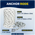 Anchor Rode - 3/8" x 75' Rope & 1/4" x 3' Galvanized Chain - Hand-Spliced - Five Oceans
