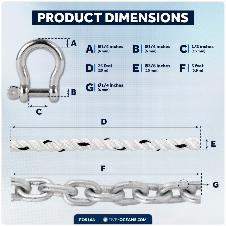 Anchor Rode - 3/8" x 75' Rope & 1/4" x 3' Galvanized Chain - Hand-Spliced - Five Oceans