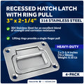 3" x 2-1/4" Flush Hatch Ring Pull, Stainless Steel, 4-Pack
