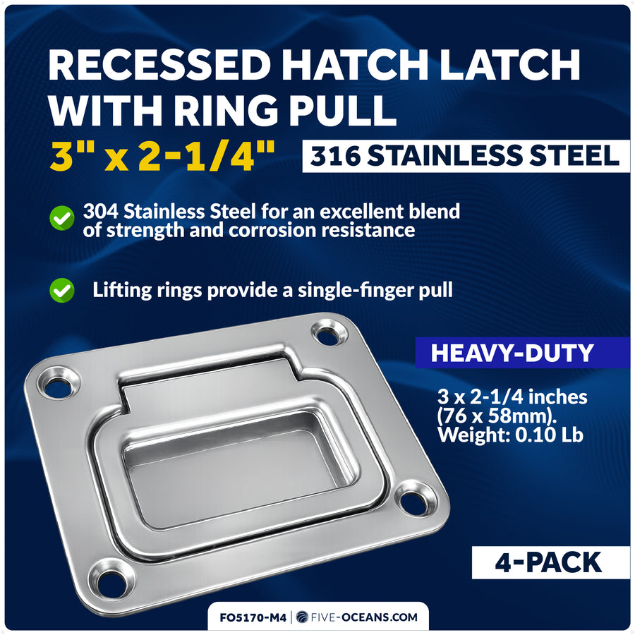 3" x 2-1/4" Flush Hatch Ring Pull, Stainless Steel, 4-Pack - Five Oceans
