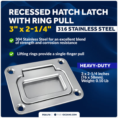 3" x 2-1/4" Flush Hatch Ring Pull, Stainless Steel