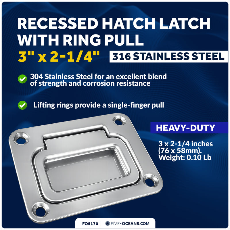 3" x 2-1/4" Flush Hatch Ring Pull, Stainless Steel