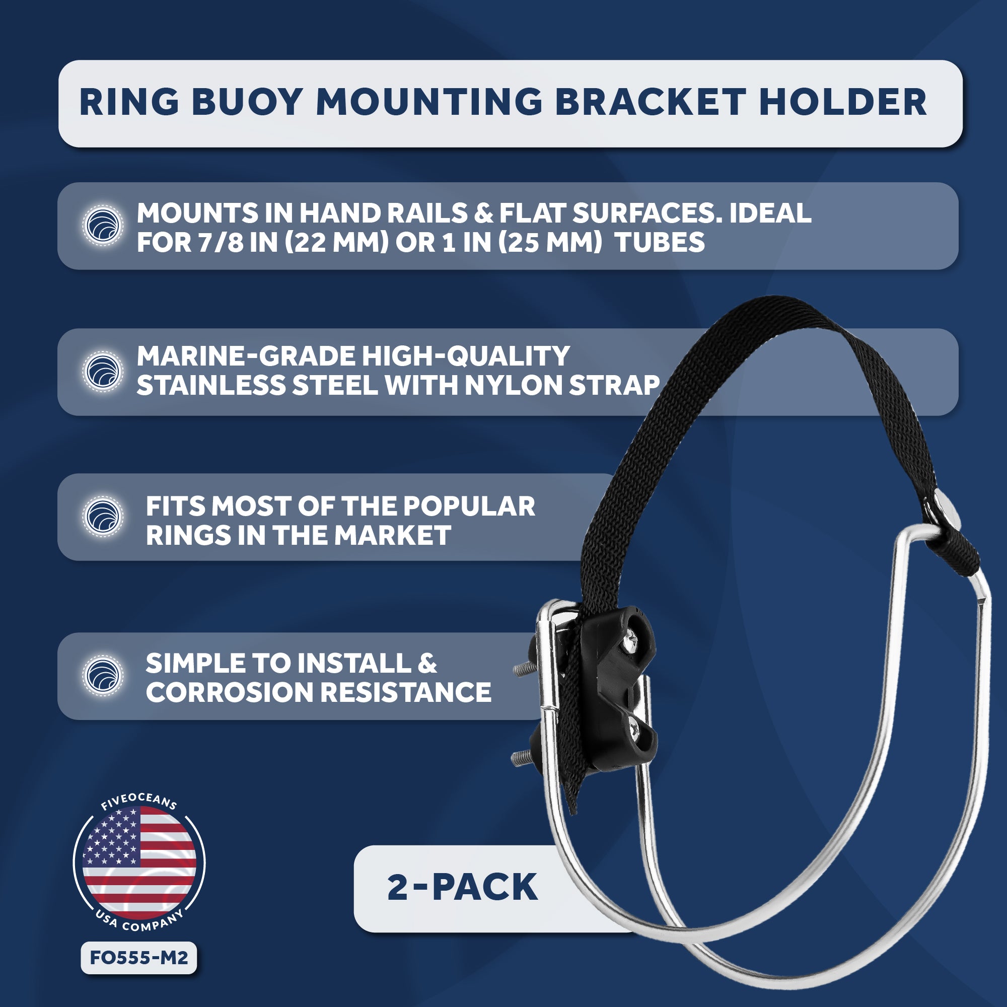 Ring Buoy Mounting Bracket Holder with Strap, Stainless Steel, Rail/Flat Mount - 2-Pack - FO555-M2 - Five Oceans
