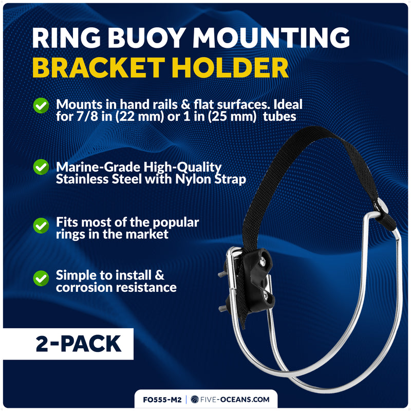 Ring Buoy Bracket, Stainless Steel, Rail Mount, 2-Pack - FO555-M2 - Five Oceans