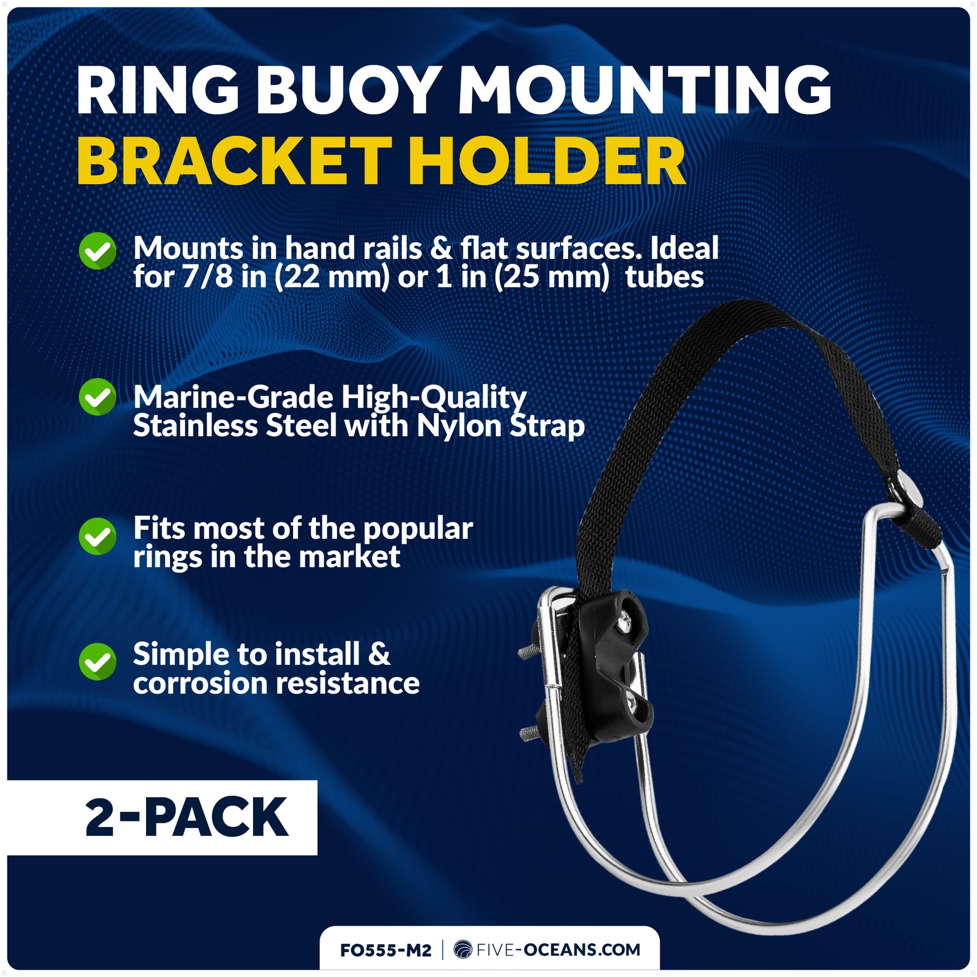 Ring Buoy Bracket, Stainless Steel, Rail Mount, 2-Pack - FO555-M2 - Five Oceans