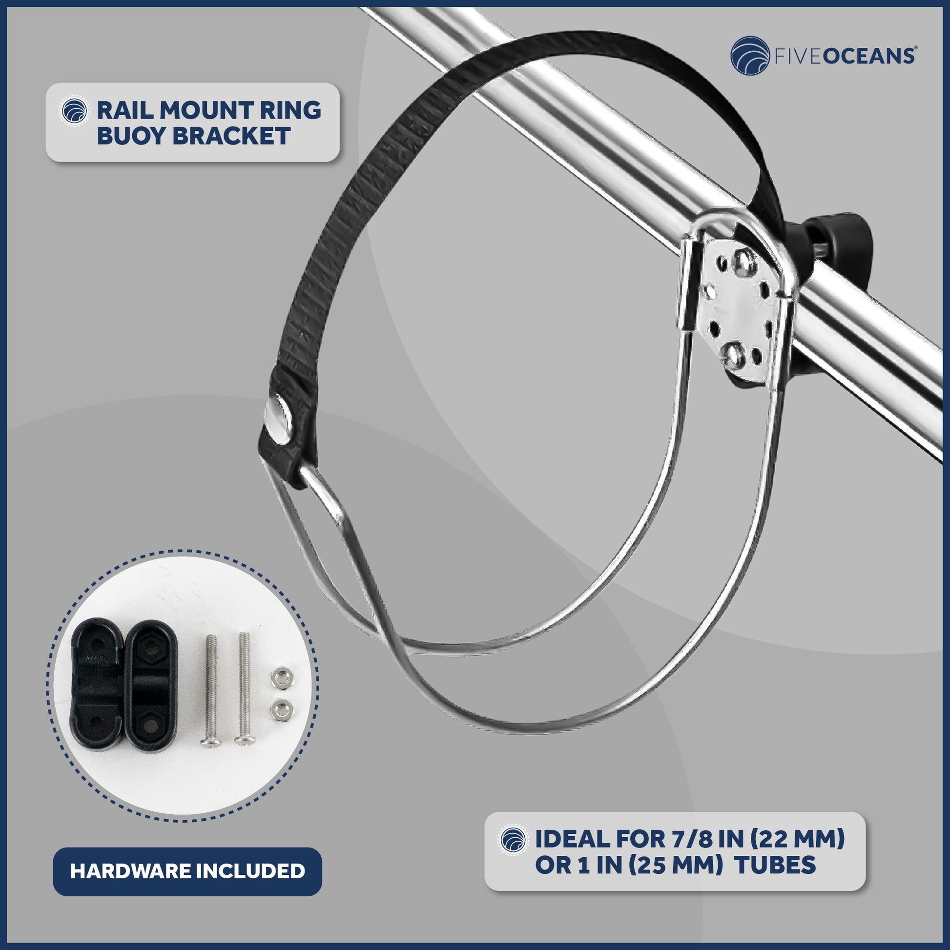 Ring Buoy Mounting Bracket Holder with Strap, Stainless Steel, Rail/Flat Mount - 2-Pack - FO555-M2 - Five Oceans