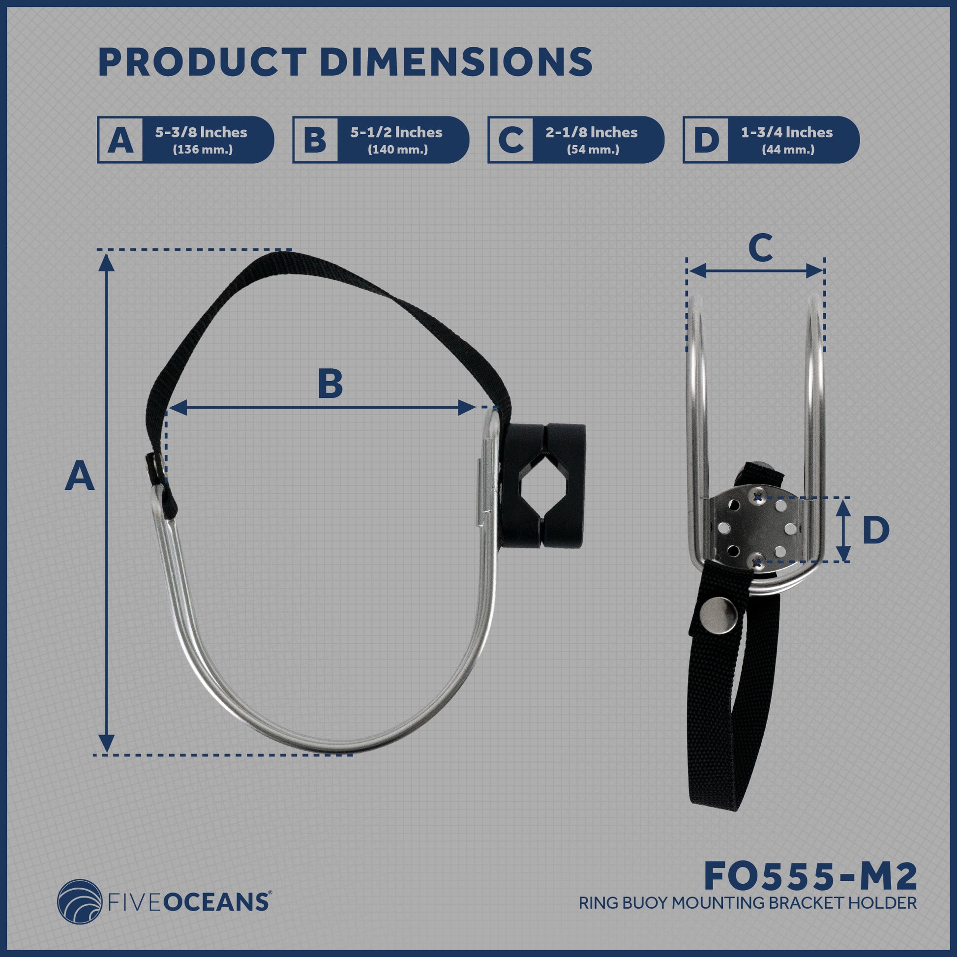 Ring Buoy Mounting Bracket Holder with Strap, Stainless Steel, Rail/Flat Mount - 2-Pack - FO555-M2 - Five Oceans