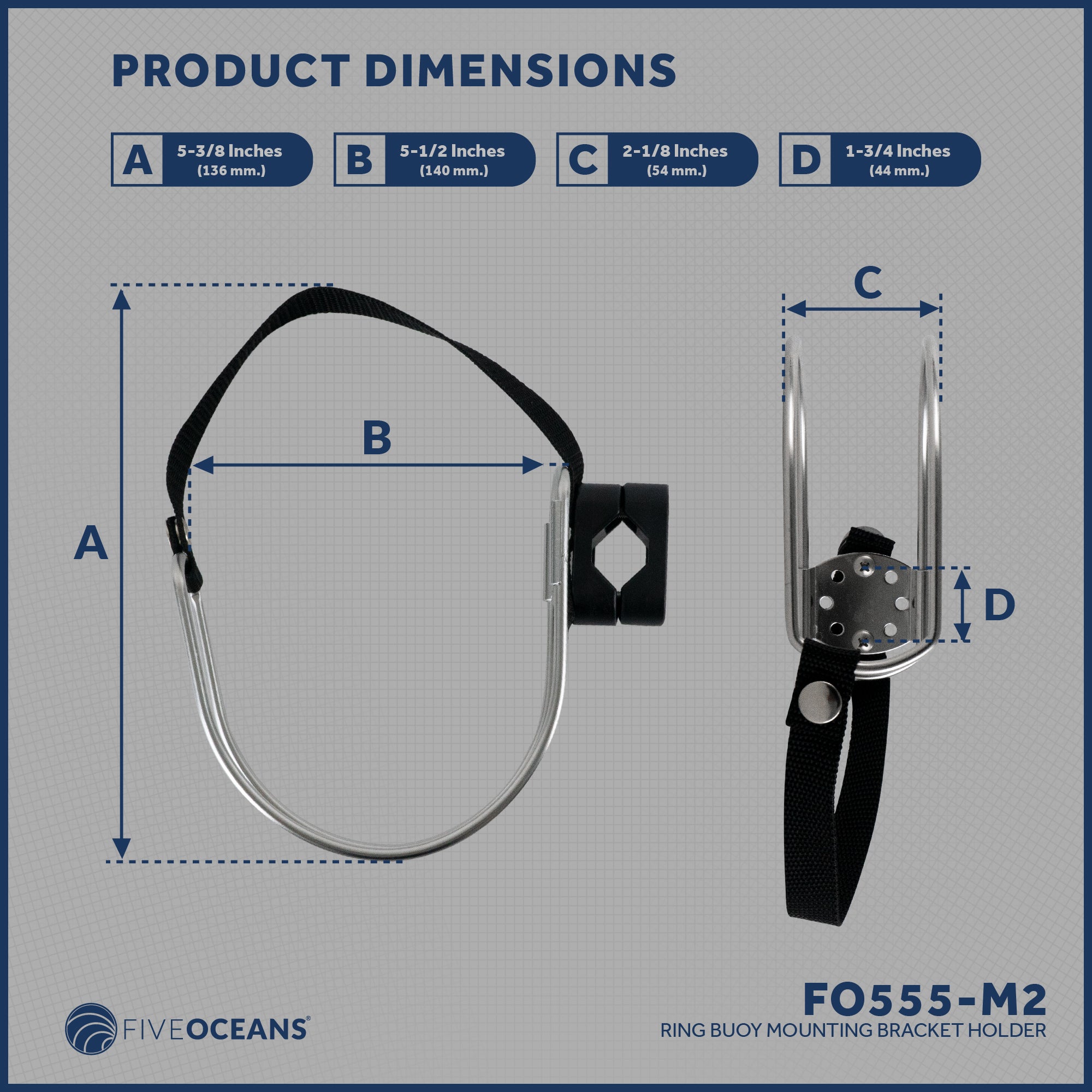 Ring Buoy Mounting Bracket Holder with Strap, Stainless Steel, Rail/Flat Mount - 2-Pack - FO555-M2 - Five Oceans