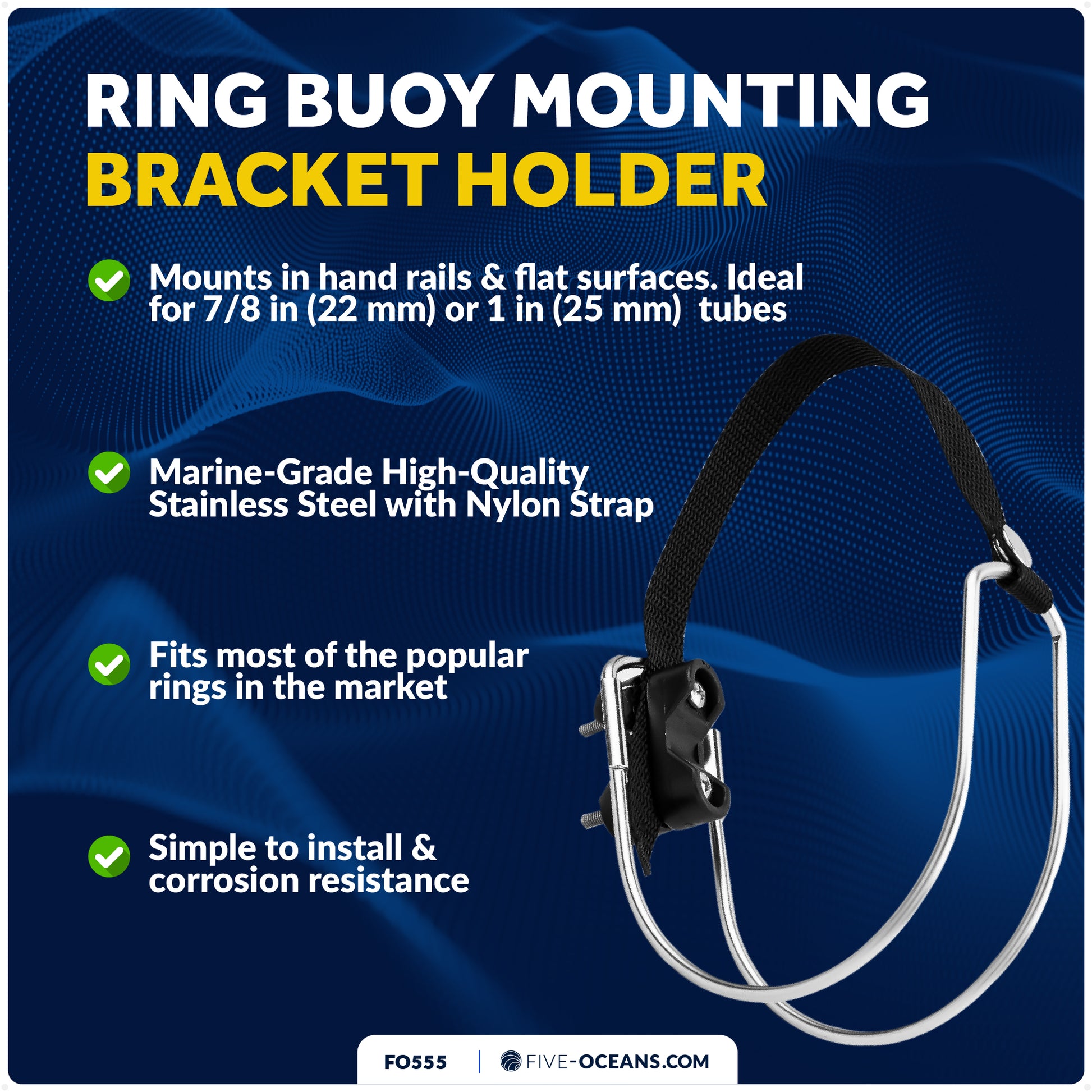 Ring Buoy Bracket, Stainless Steel, Rail Mount - FO555 - Five Oceans