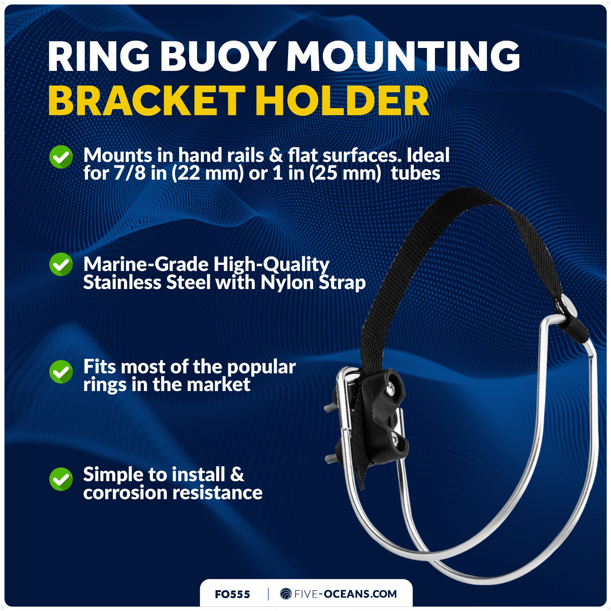 Ring Buoy Bracket, Stainless Steel, Rail Mount - FO555 - Five Oceans