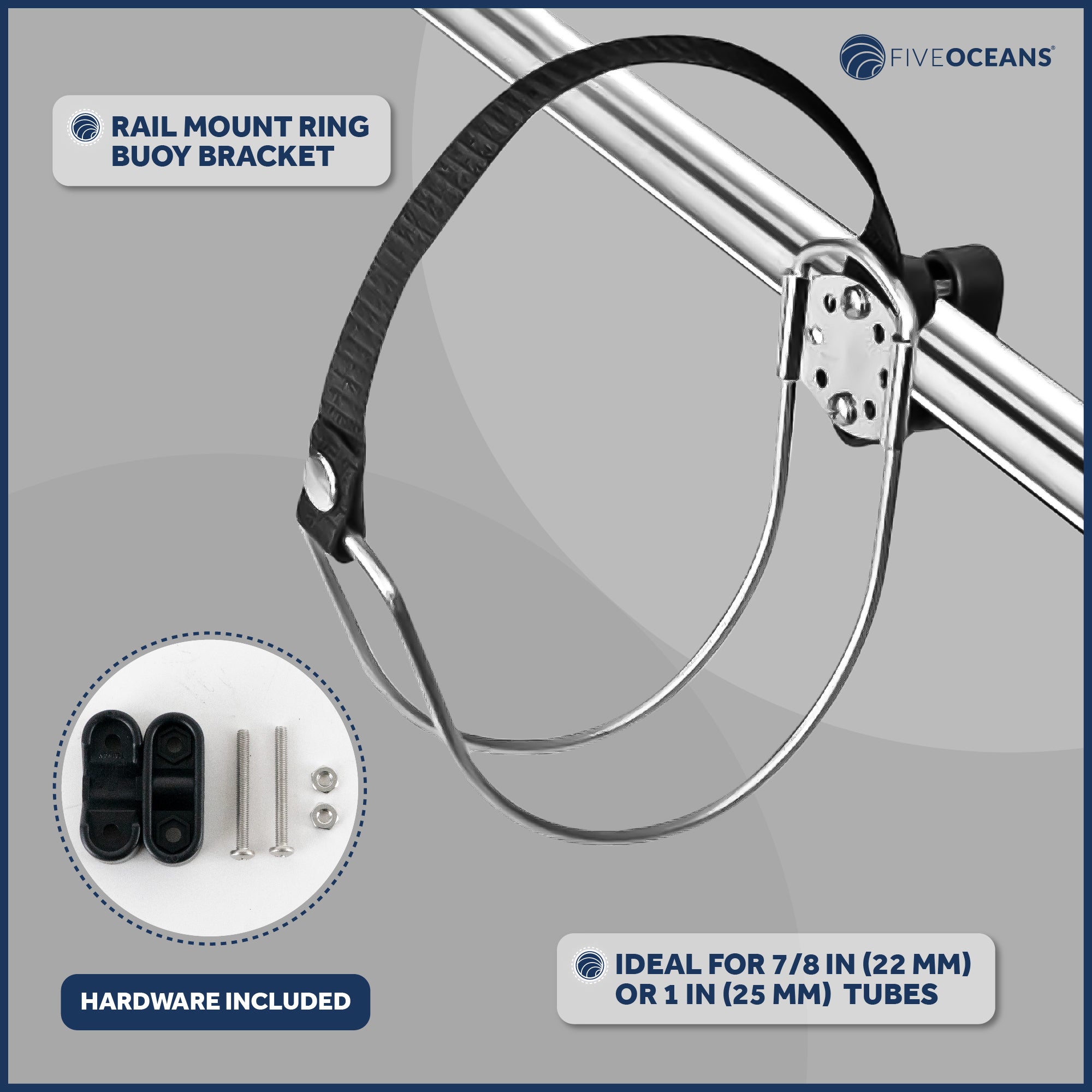 Ring Buoy Mounting Bracket Holder with Strap, Stainless Steel, Rail/Flat Mount - FO555 - Five Oceans