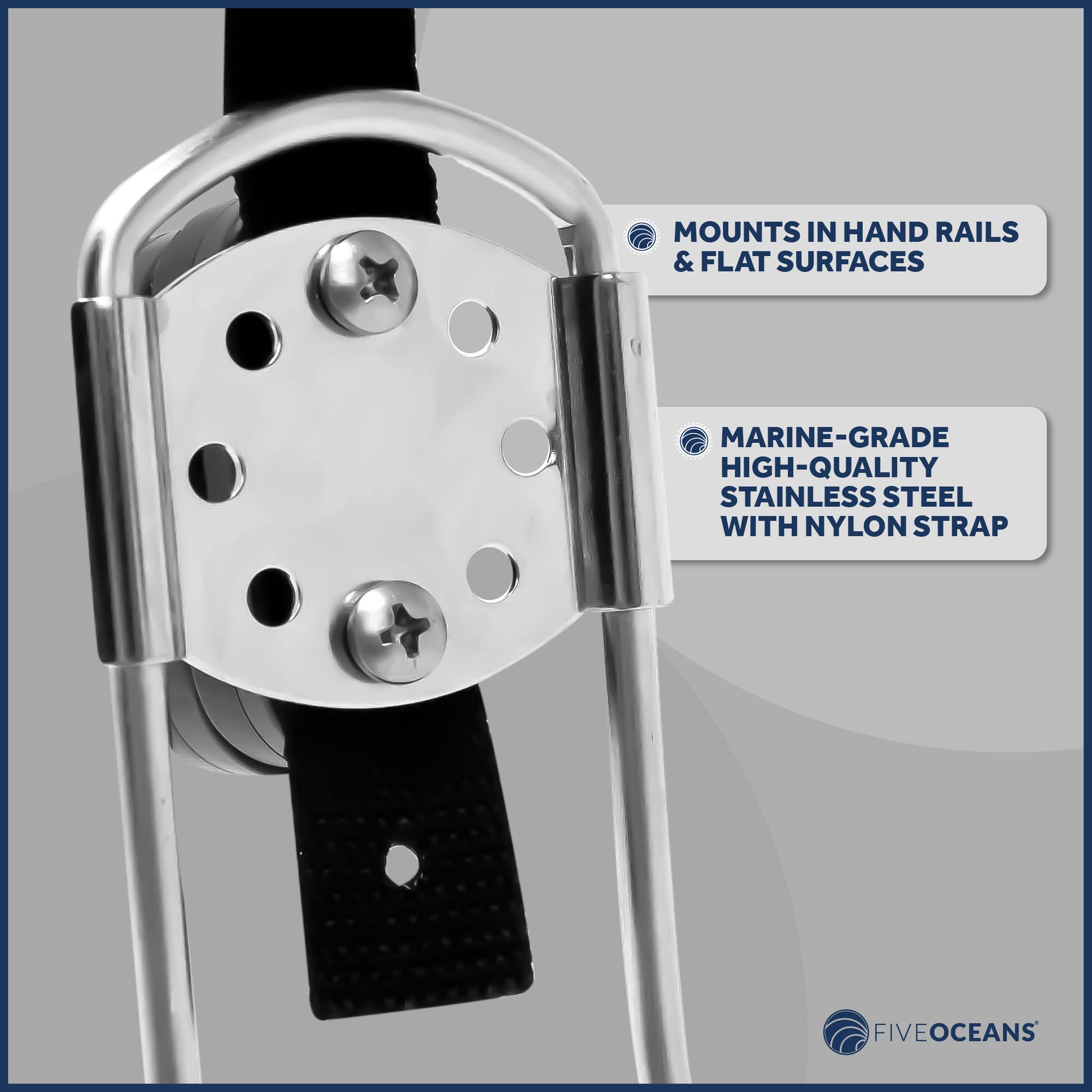 Ring Buoy Mounting Bracket Holder with Strap, Stainless Steel, Rail/Flat Mount - FO555 - Five Oceans