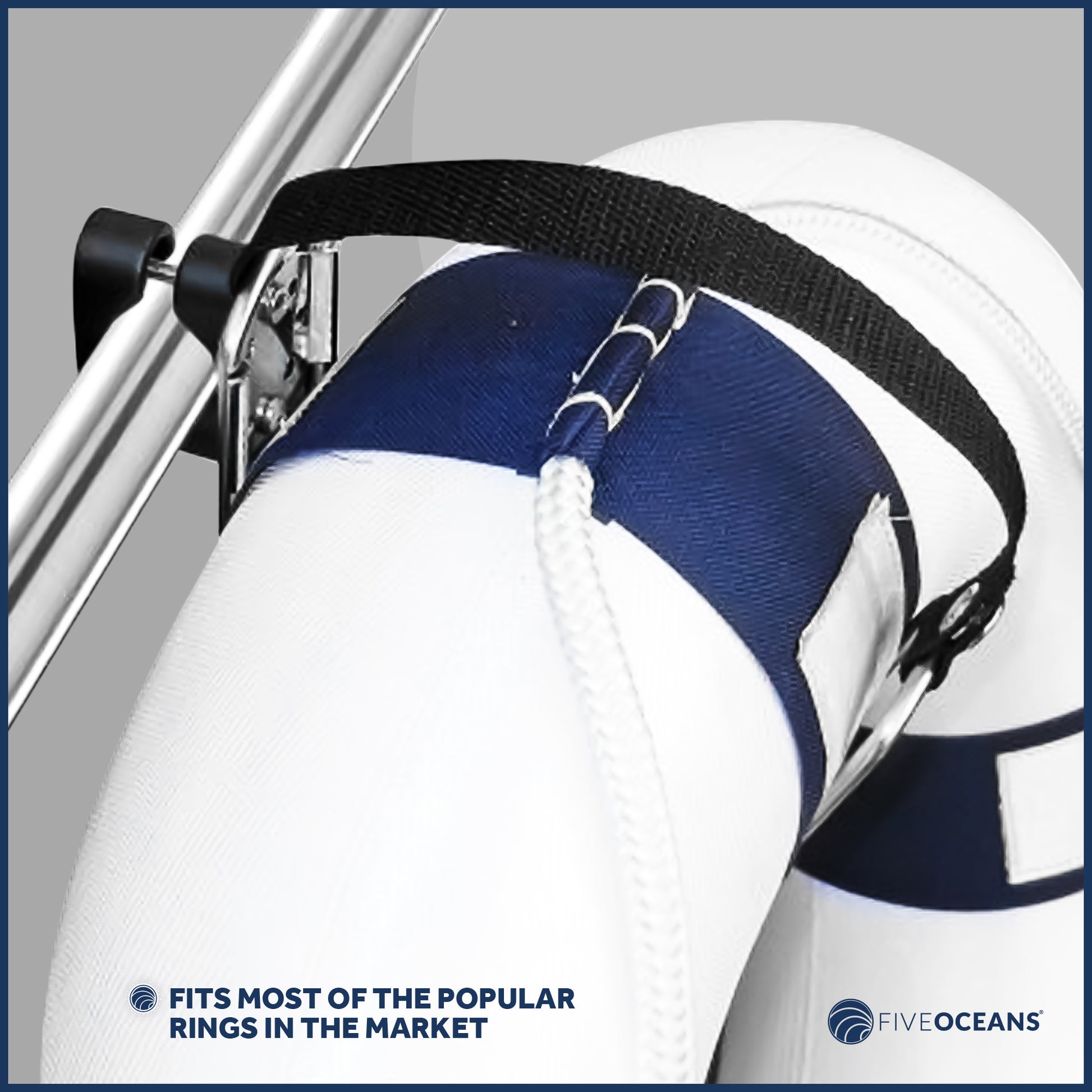 Ring Buoy Mounting Bracket Holder with Strap, Stainless Steel, Rail/Flat Mount - FO555 - Five Oceans