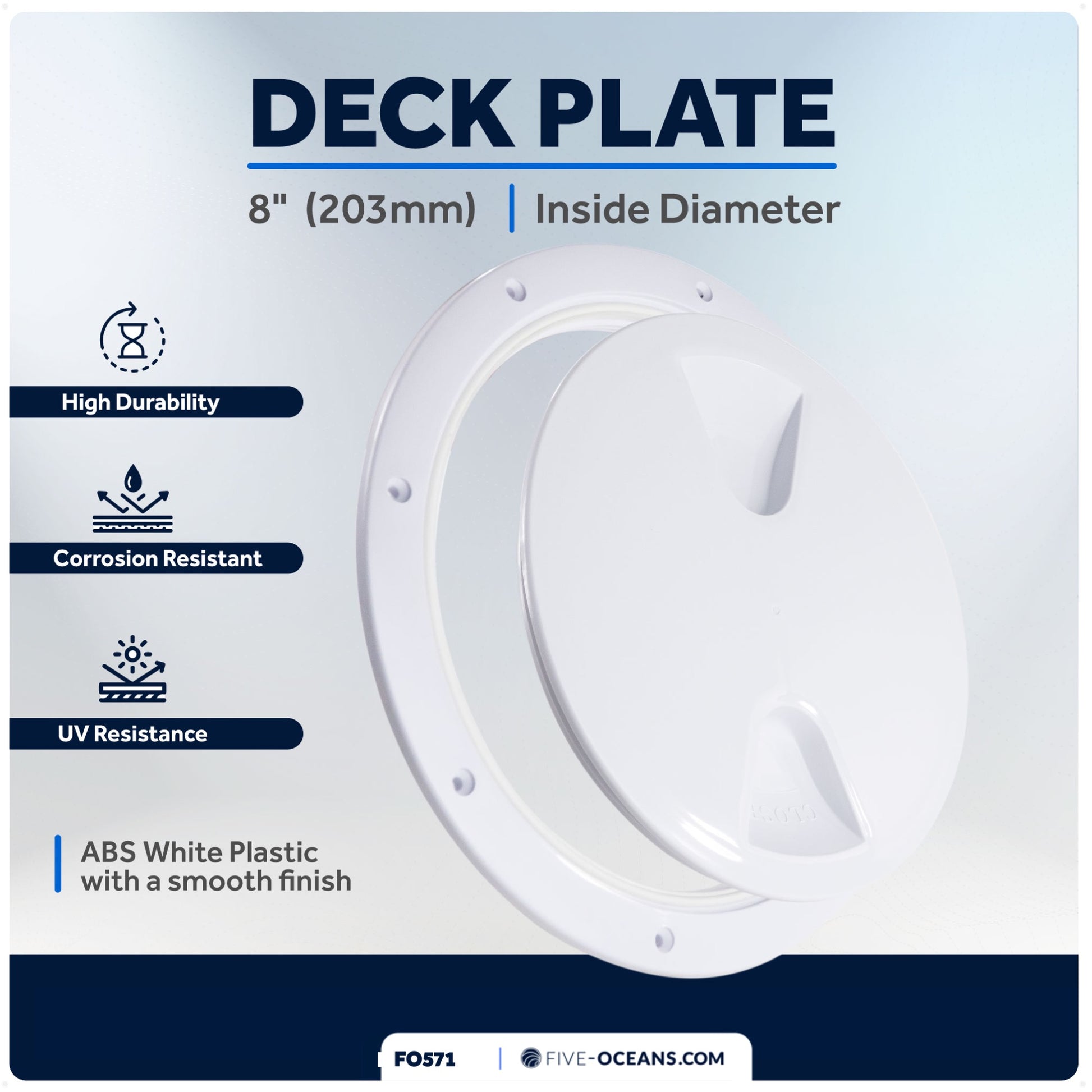 8" Deck Plate, Round, White - FO571 - Five Oceans