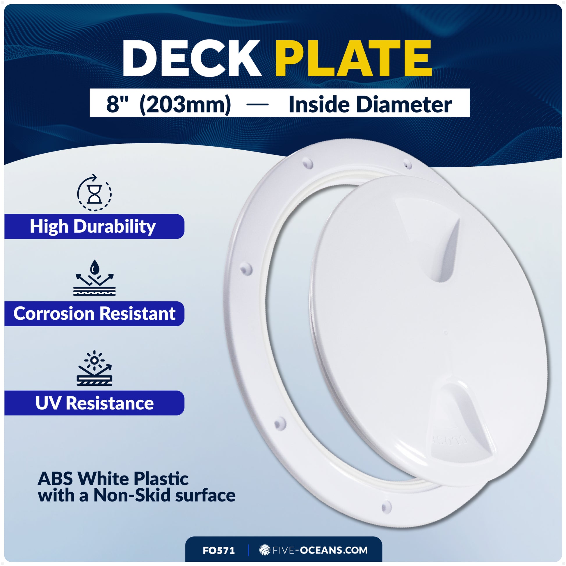 8" Deck Plate, Round, White - FO571 - Five Oceans