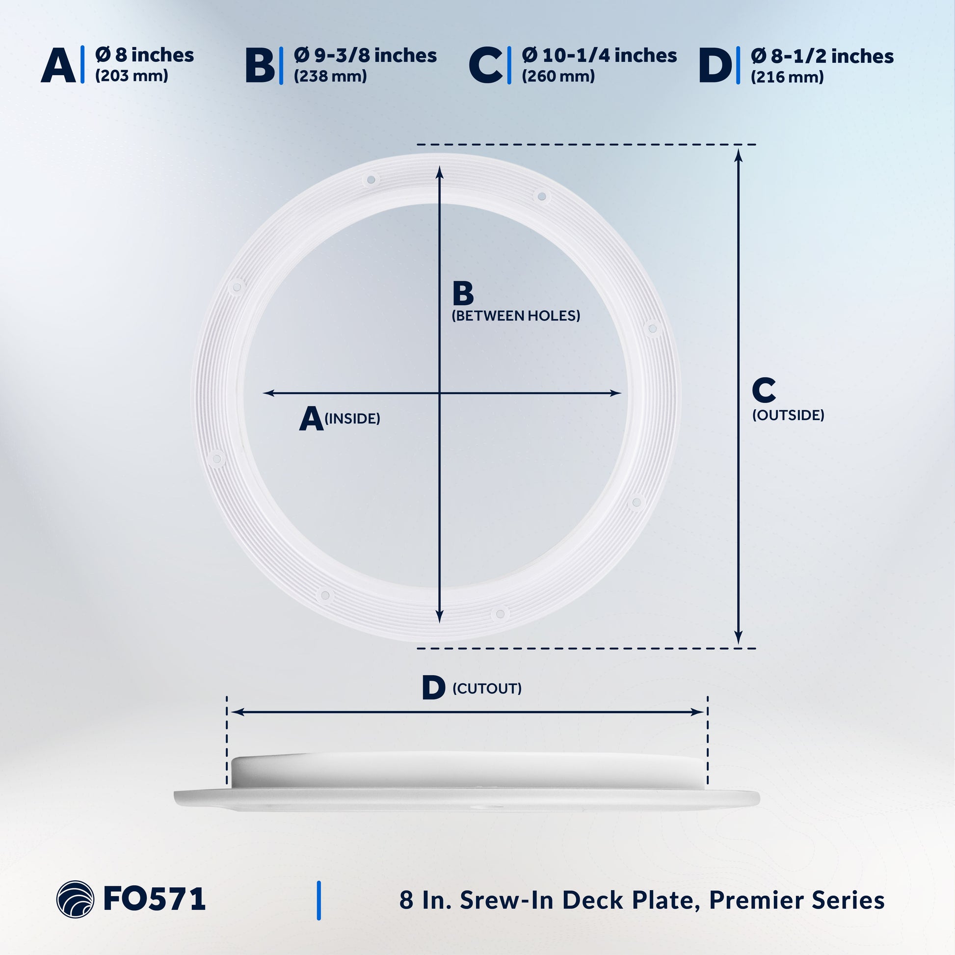 8" Deck Plate, Round, White - FO571 - Five Oceans
