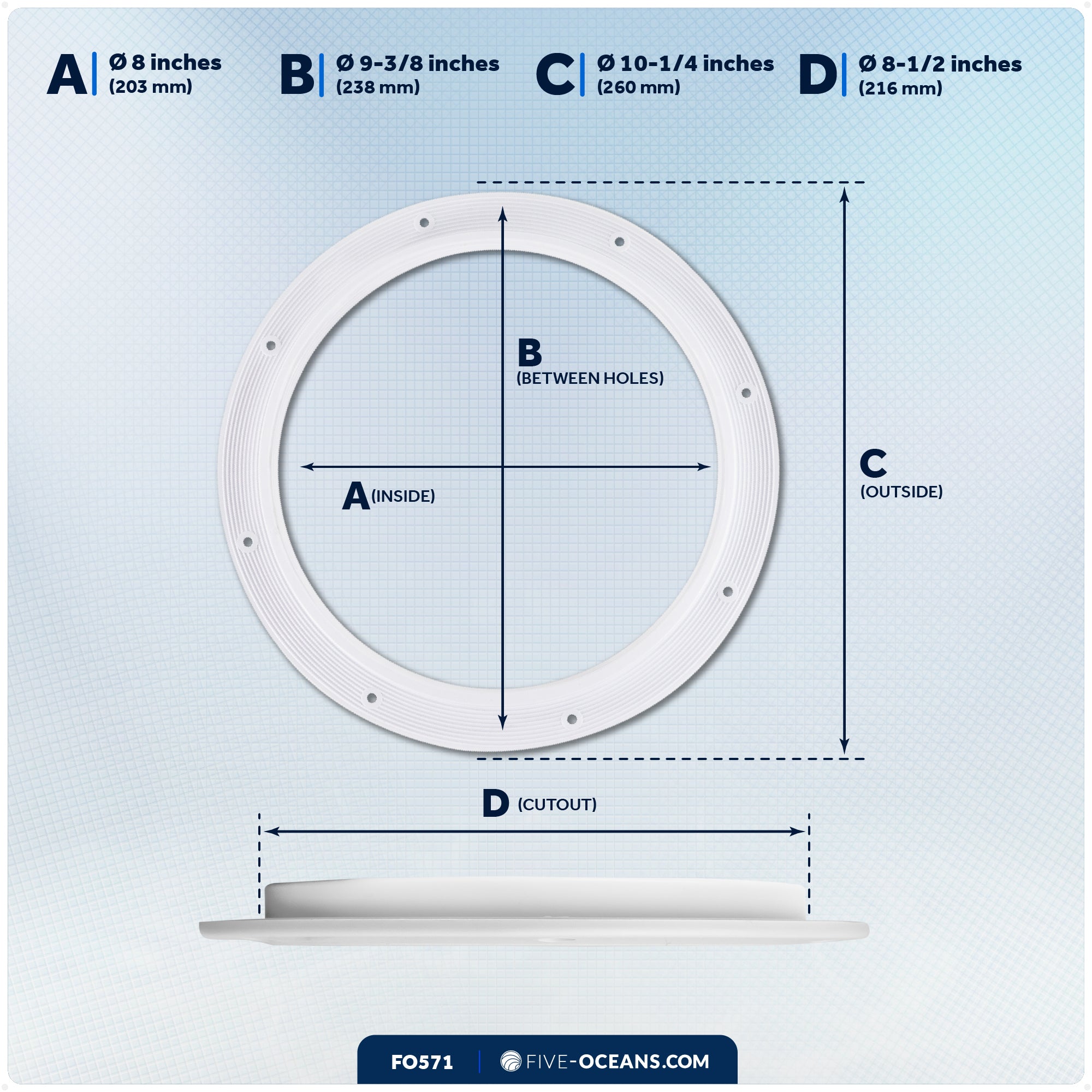 8" Deck Plate, Round, White - FO571 - Five Oceans