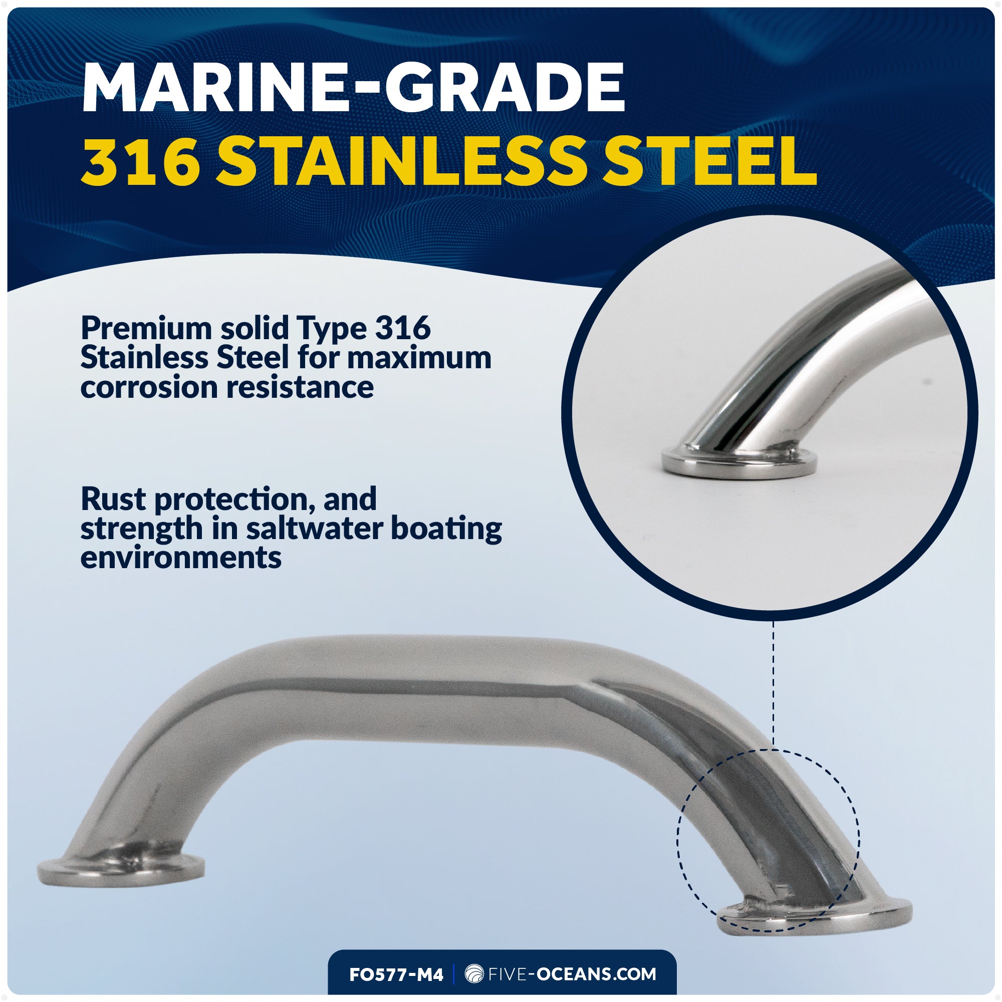 9" Grab Handle, AISI 316 Stainless Steel, 4-Pack - FO577-M4 - Five Oceans