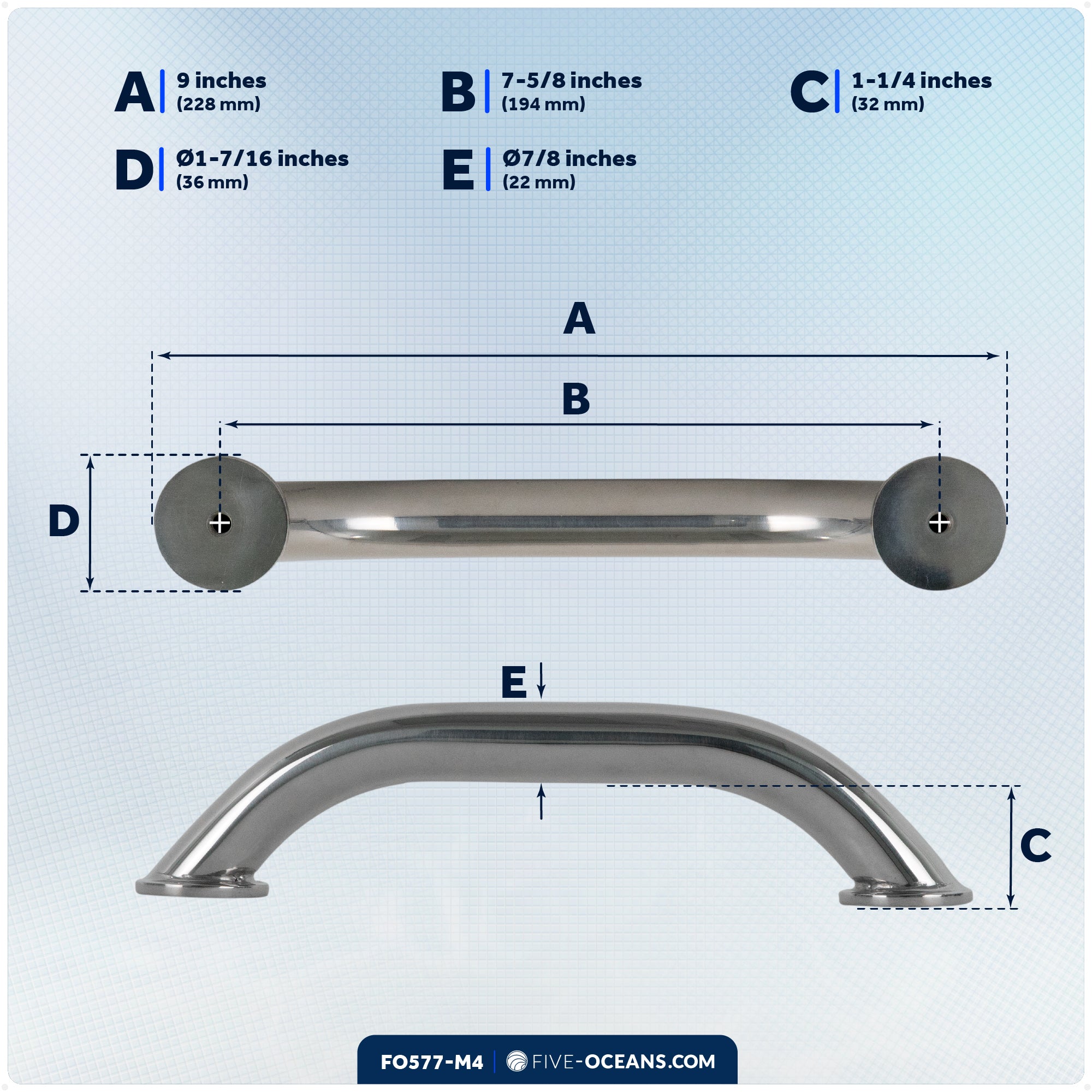 9" Grab Handle, AISI 316 Stainless Steel, 4-Pack - FO577-M4 - Five Oceans