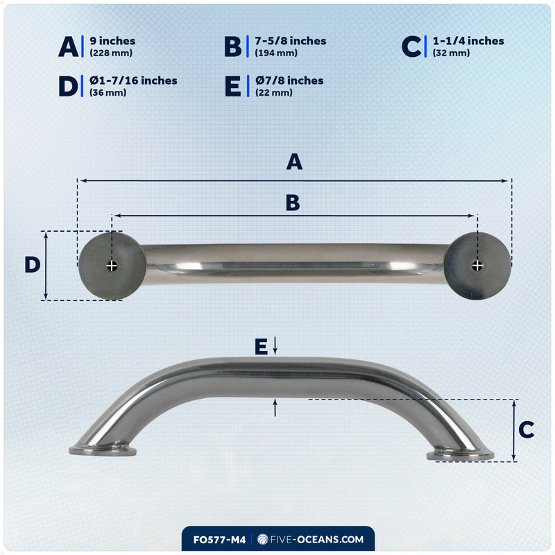 9" Grab Handle, AISI 316 Stainless Steel, 4-Pack - FO577-M4 - Five Oceans