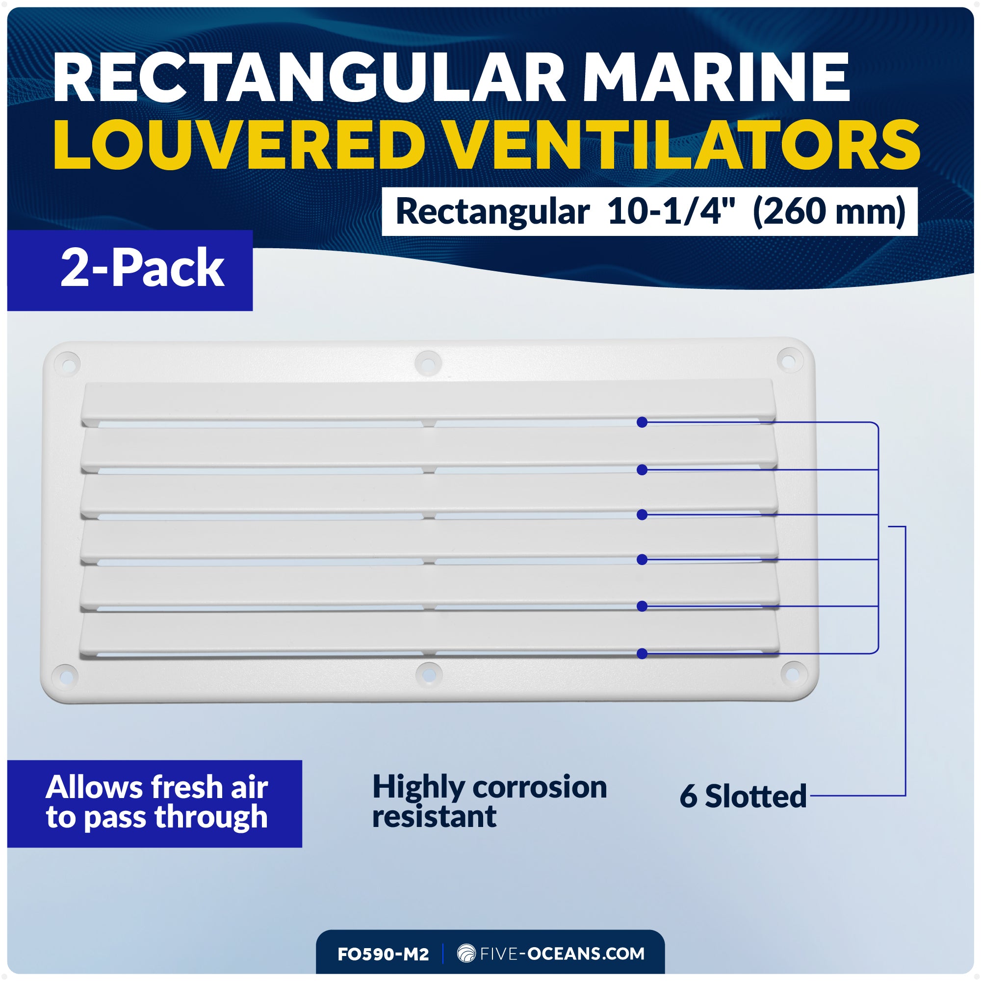 Rectangular Boat Marine Louvered Ventilators, 6 slots White 10-1/4" 2-Pack - FO590-M2