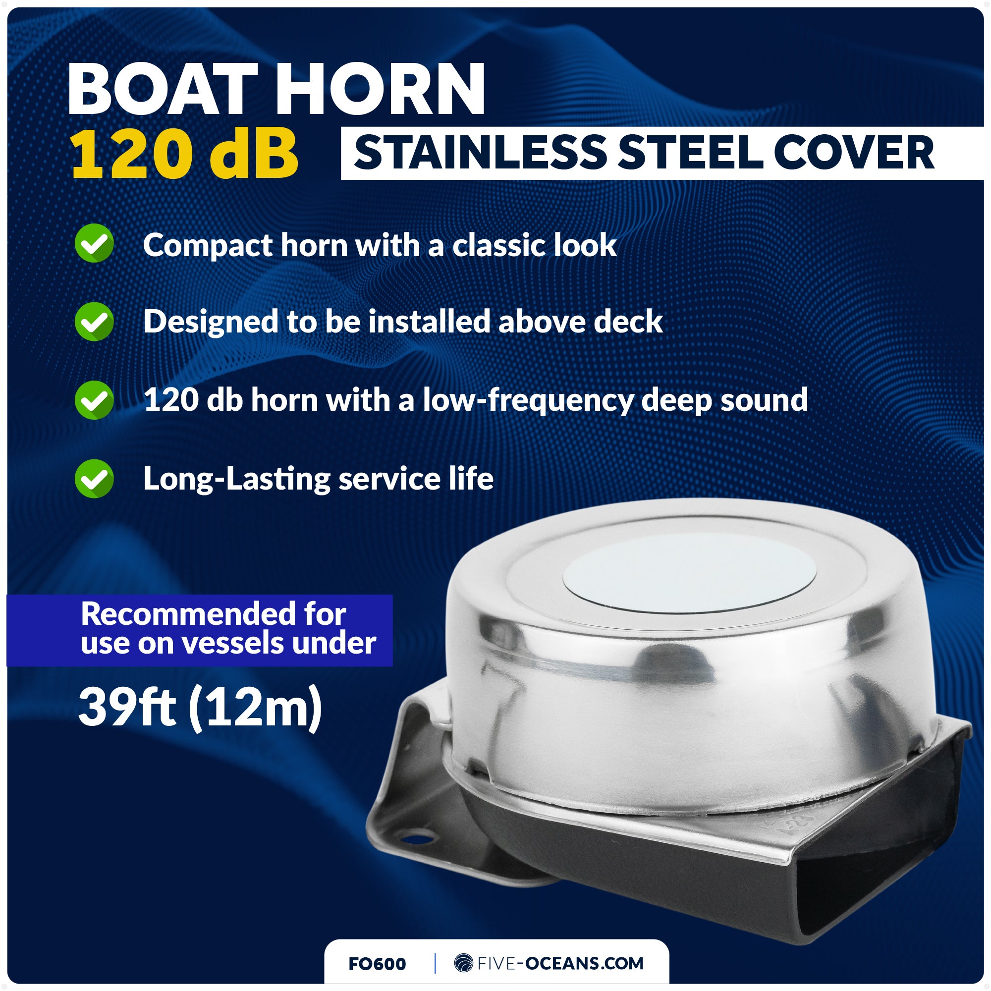 Boat Horn, 120 dB, Stainless Steel Cover, 12V - FO600 - Five Oceans