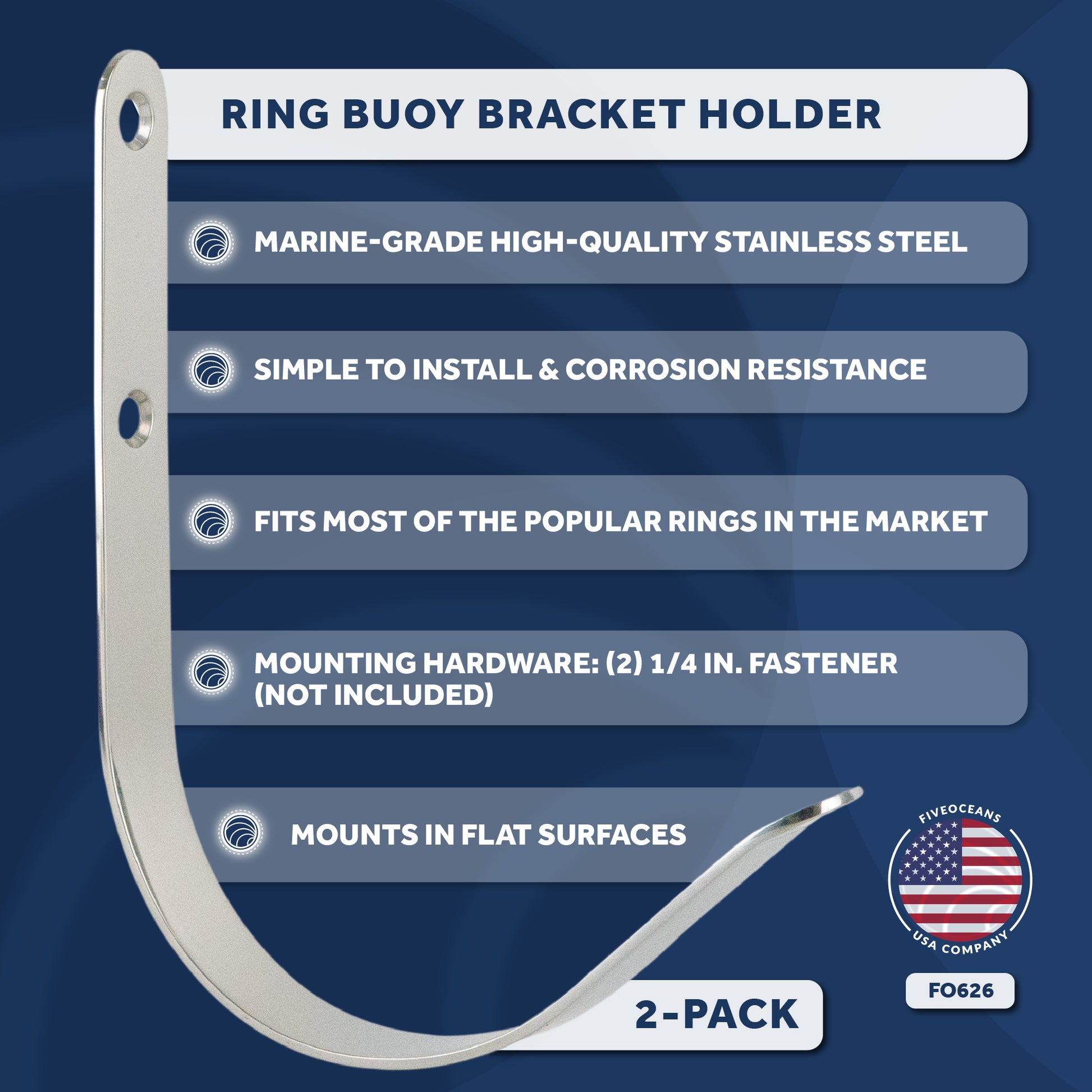 Ring Buoy Bracket Holder, Stainless Steel, Flat Mount - 2-Pack - FO626-M2 - Five Oceans