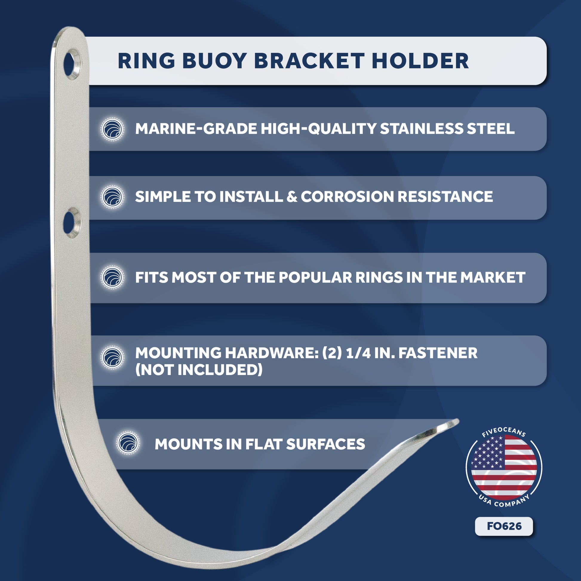 Ring Buoy Bracket Holder, Stainless Steel, Flat Mount - FO626 - Five Oceans