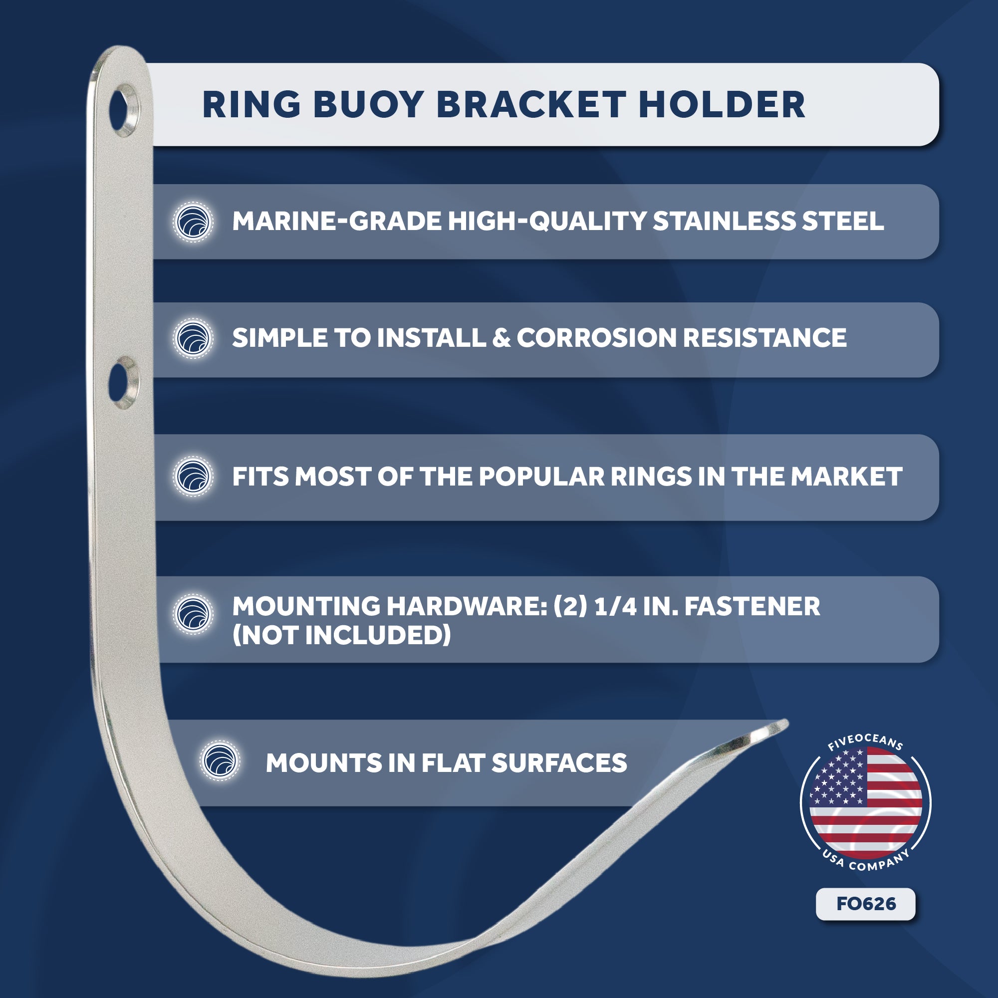 Ring Buoy Bracket Holder, Stainless Steel, Flat Mount - FO626 - Five Oceans