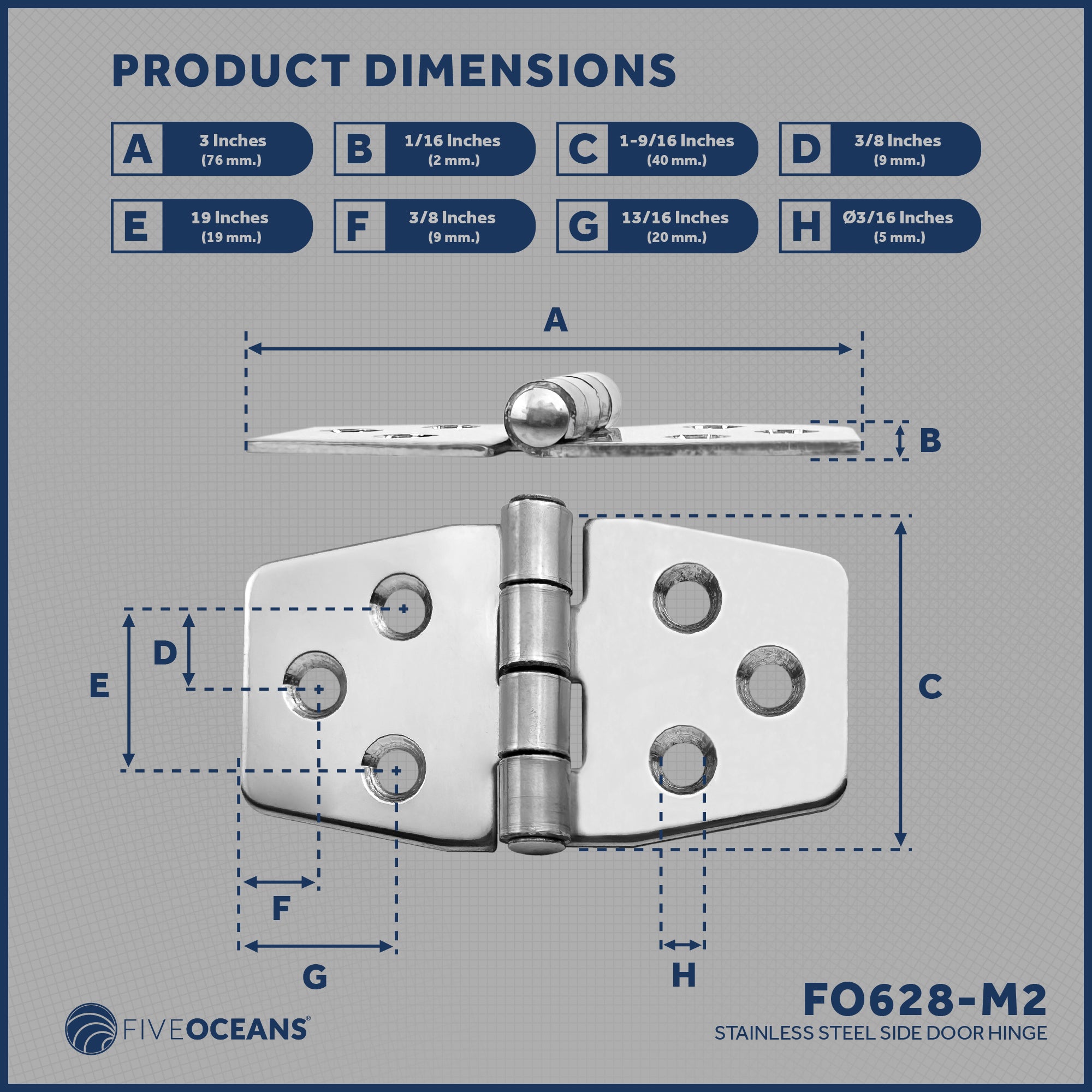 Door Hinge 3" x 1-9/16", AISI 316 Stainless Steel, 2-Pack - FO628-M2