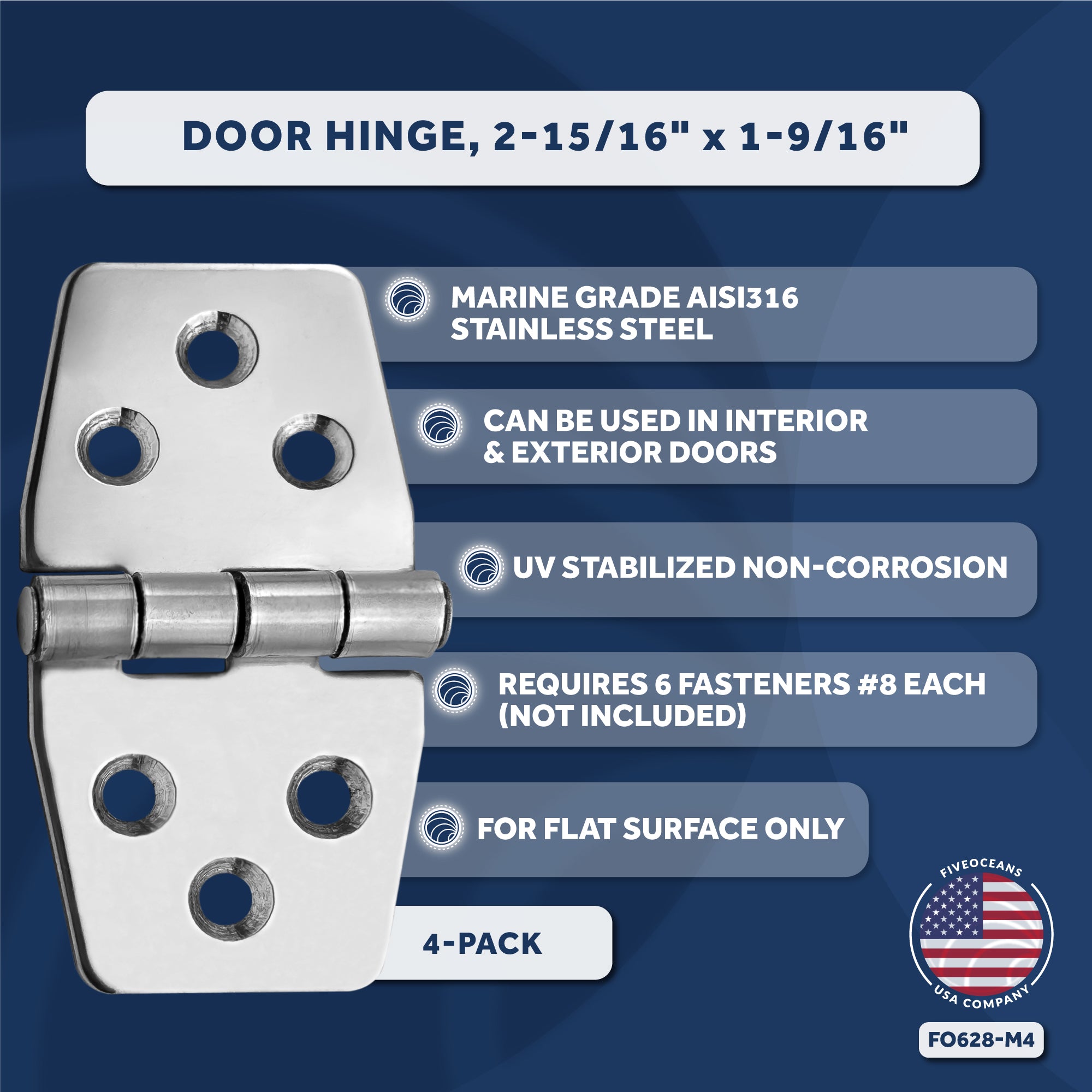 Door Hinge 3" x 1-9/16", AISI 316 Stainless Steel, 4-Pack - FO628-M4