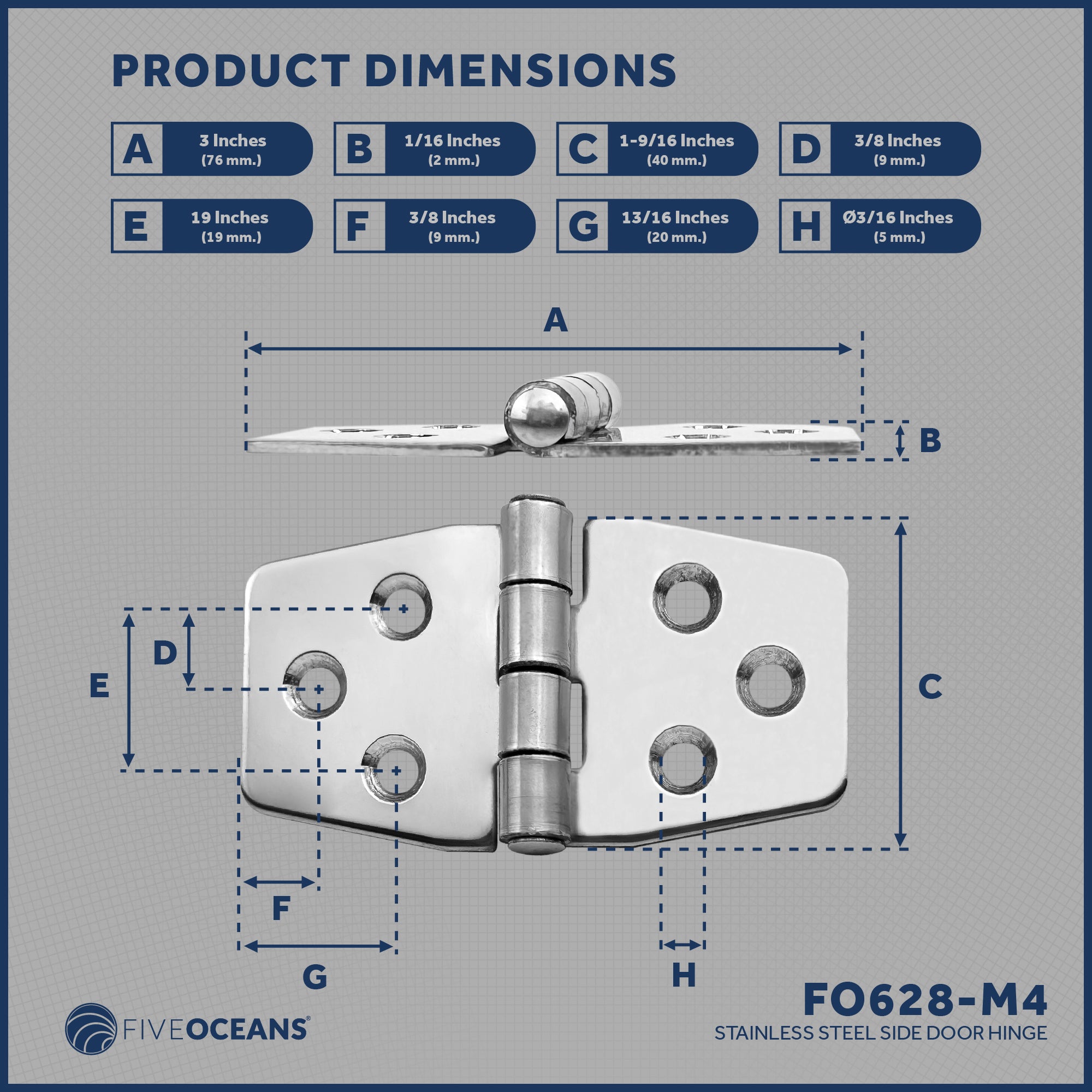 Door Hinge 3" x 1-9/16", AISI 316 Stainless Steel, 4-Pack - FO628-M4