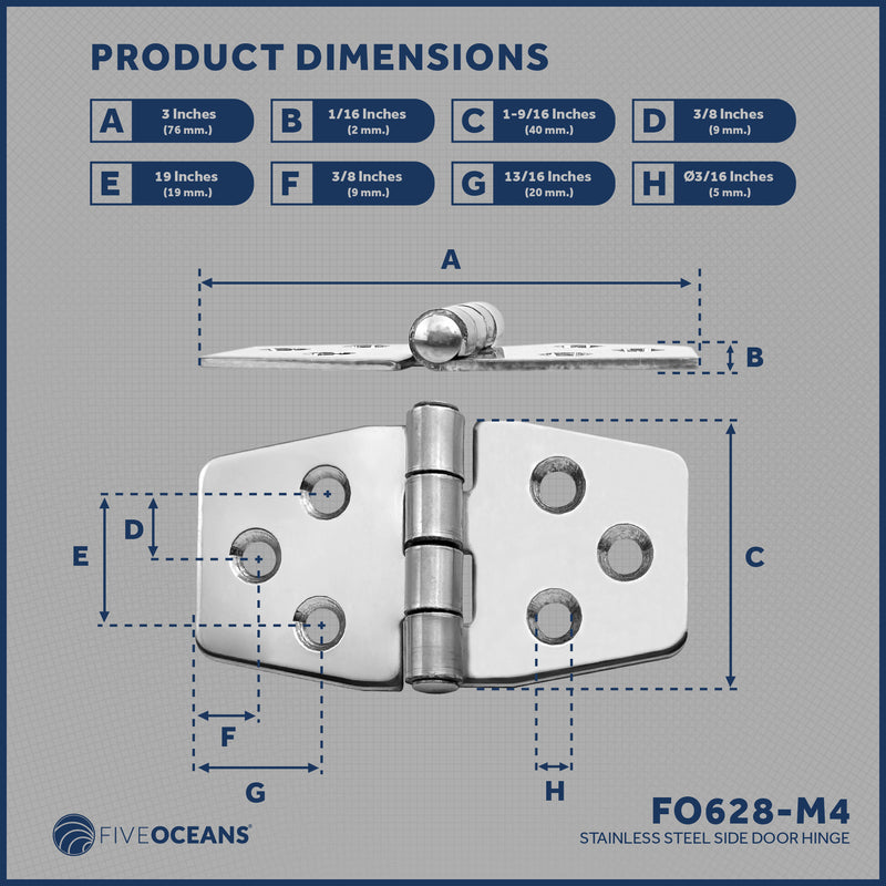 Door Hinge 3" x 1-9/16", AISI 316 Stainless Steel, 4-Pack - FO628-M4 - Five Oceans