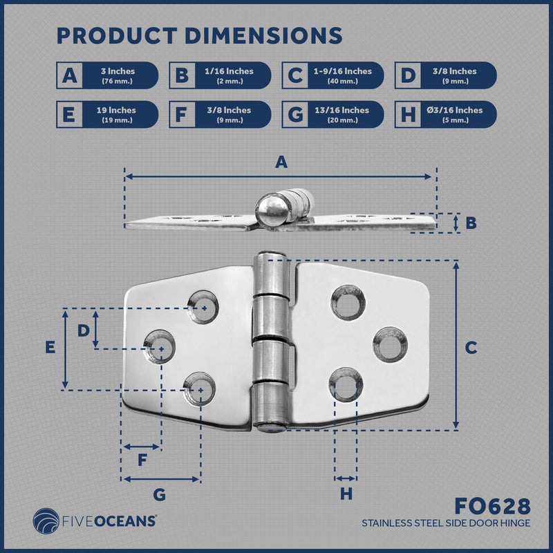 3" x 1-9/16" Door Hinge, 316 Stainless Steel - FO628 - Five Oceans