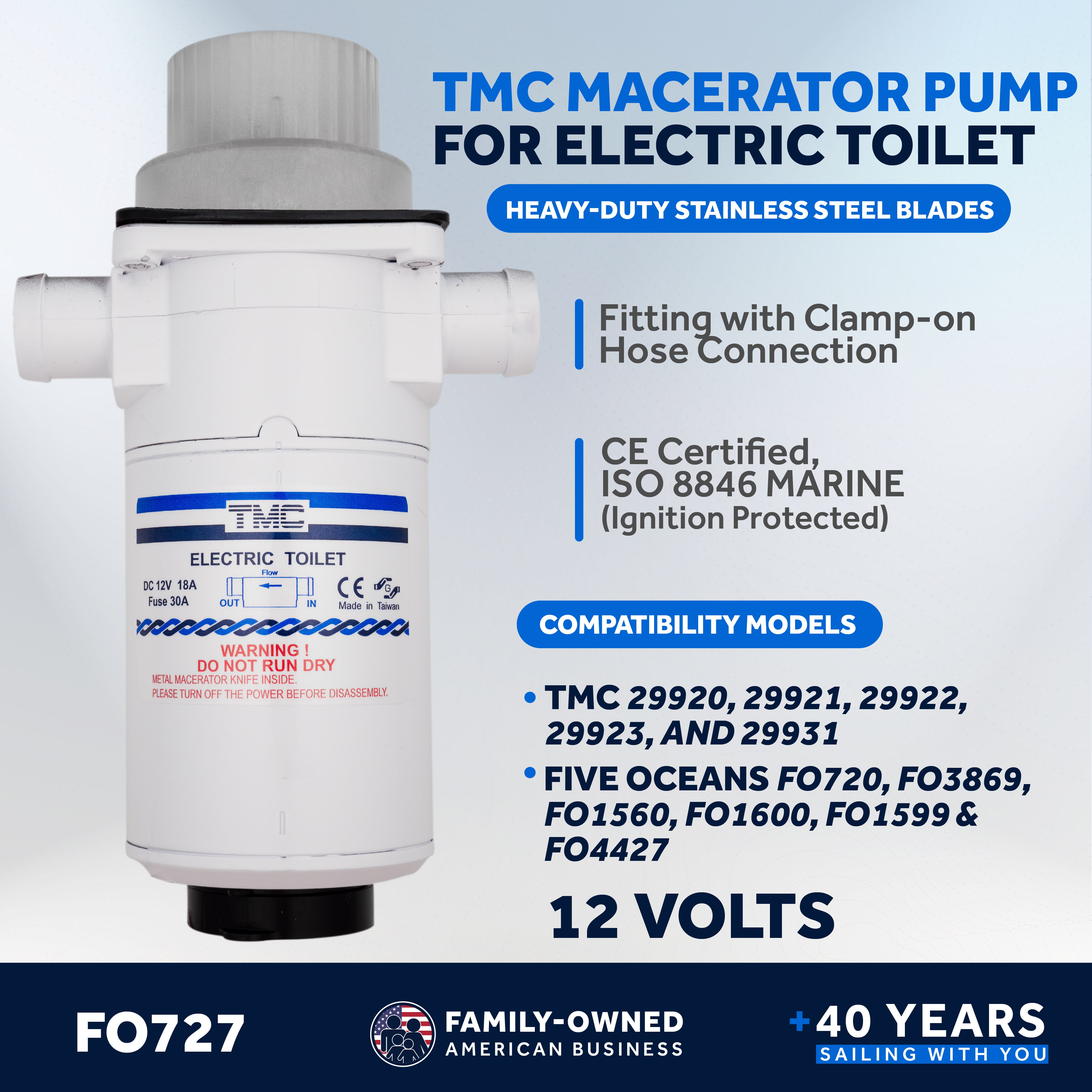 TMC Electric Toilet Macerator Waste Pump with Clamp-On Hose Connection 12V - FO4701