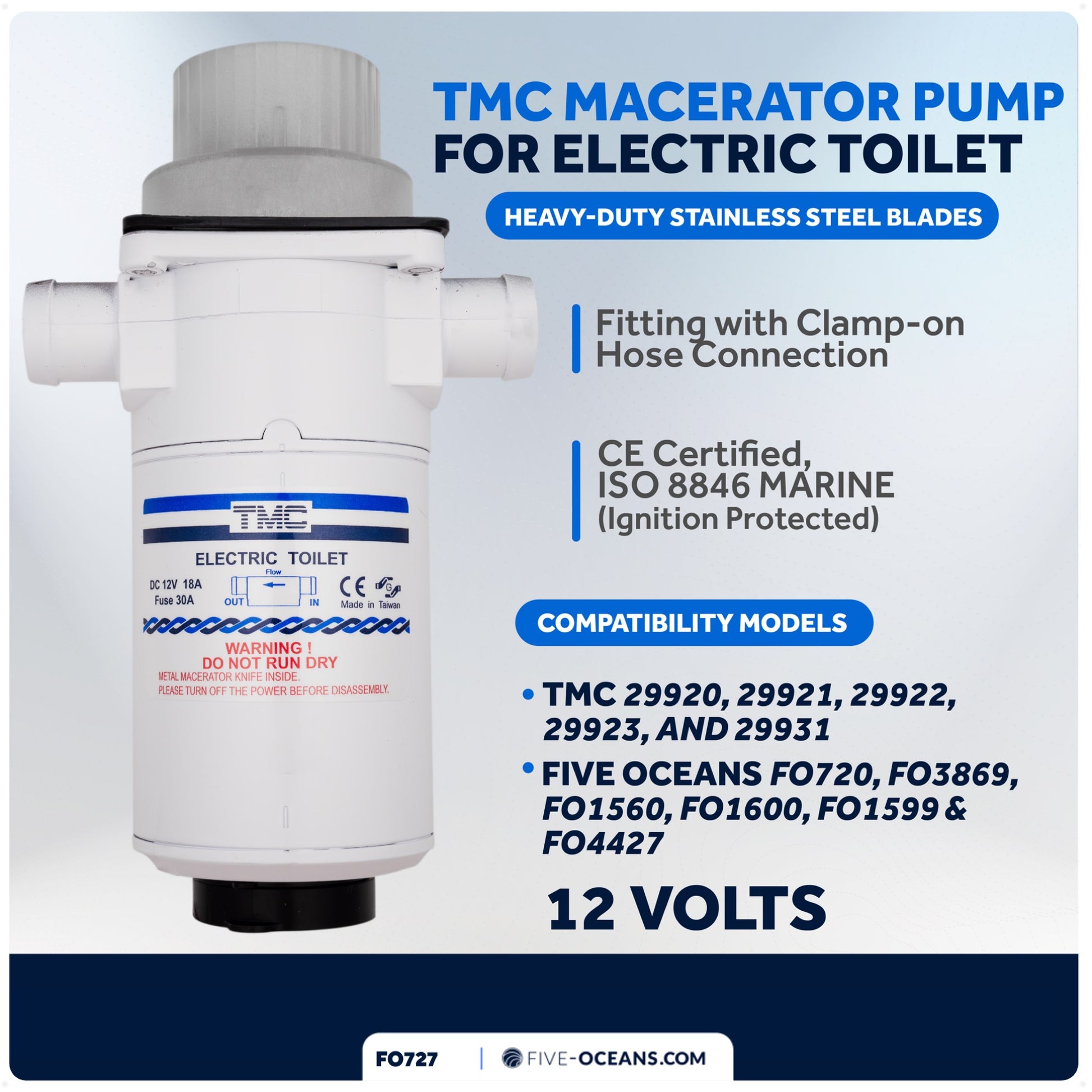 TMC Electric Toilet Macerator Waste Pump with Clamp-On Hose Connection 12V - FO727 - Five Oceans