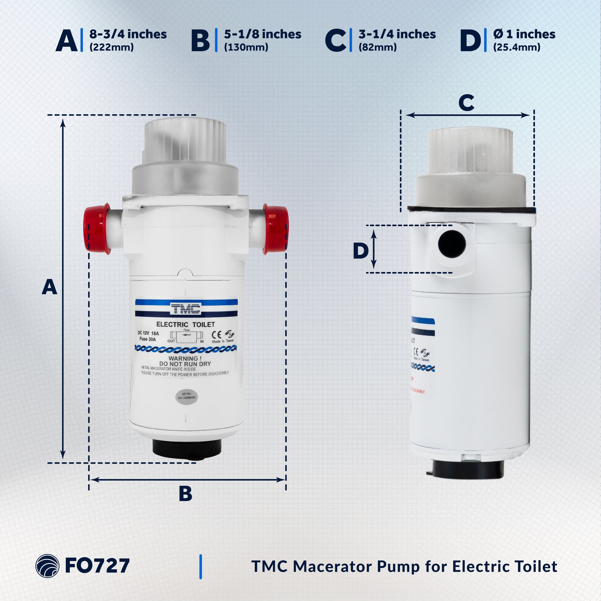 TMC Electric Toilet Macerator Waste Pump with Clamp-On Hose Connection 12V - FO727 - Five Oceans